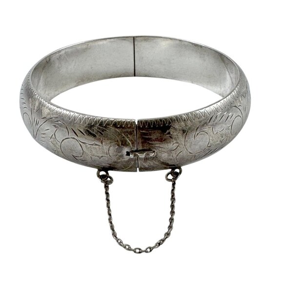 Sterling Silver Hinged Bangle Bracelet Etched Scroll Design Safety Chain - Picture 3 of 6